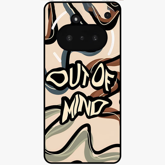 Out Of Mind Glass Case showing flat back view with expressive typography artwork and glossy glass finish.