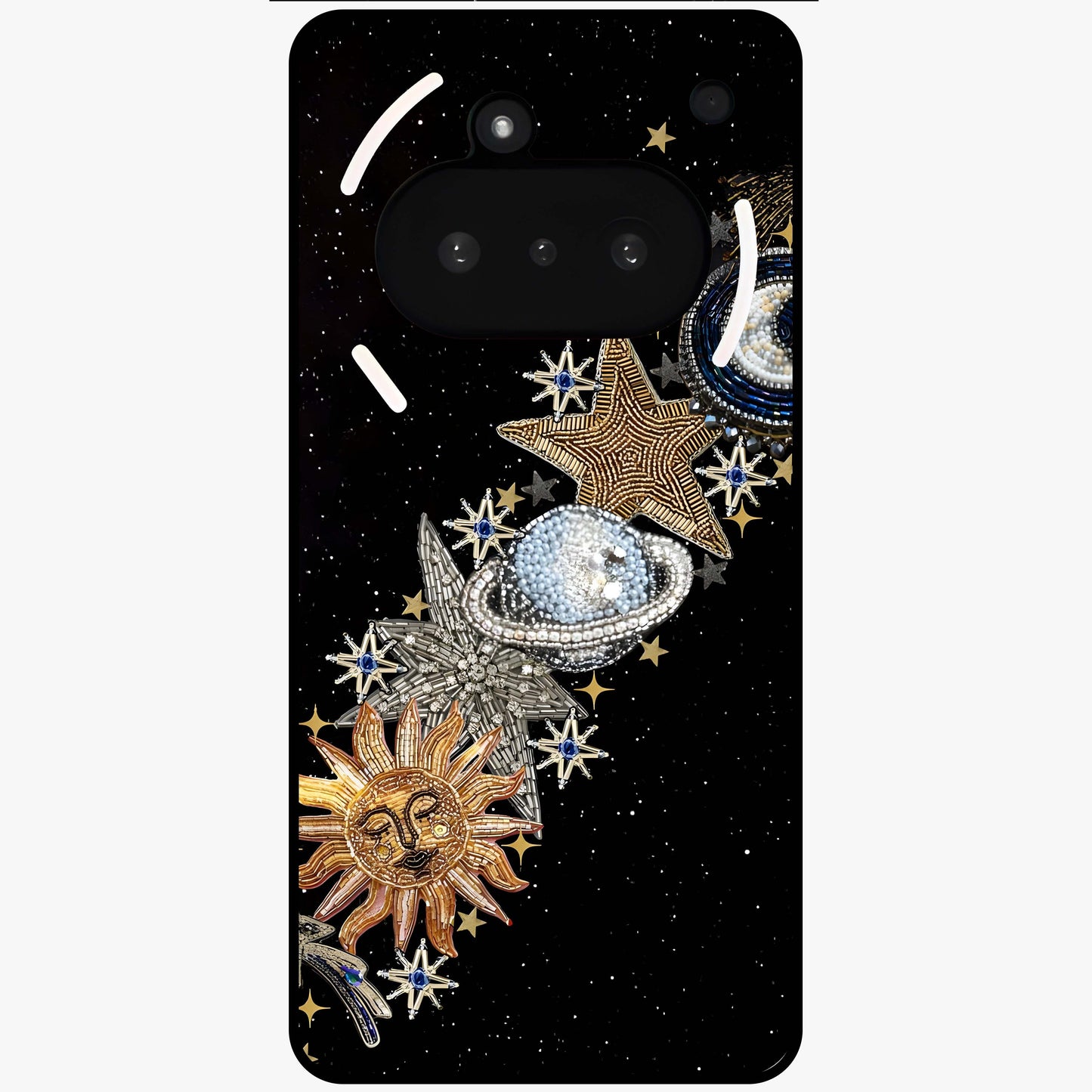Pearls Universe Object Glass Case showing flat back view with pearl inspired cosmic artwork and glossy glass finish.