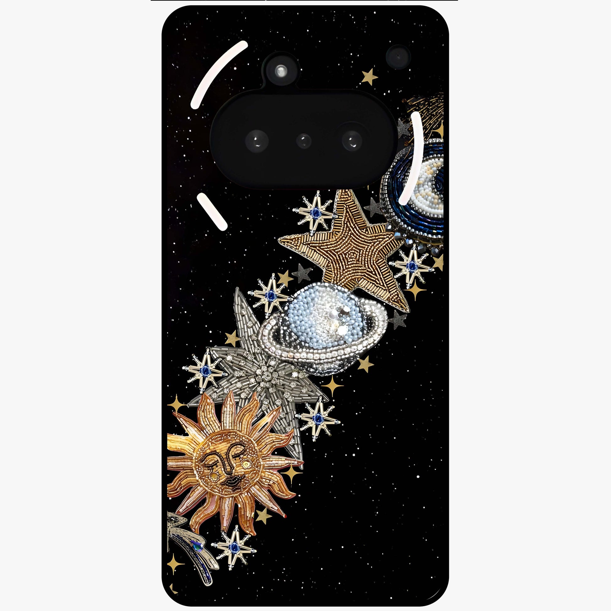 Pearls Universe Object Glass Case showing flat back view with pearl inspired cosmic artwork and glossy glass finish.