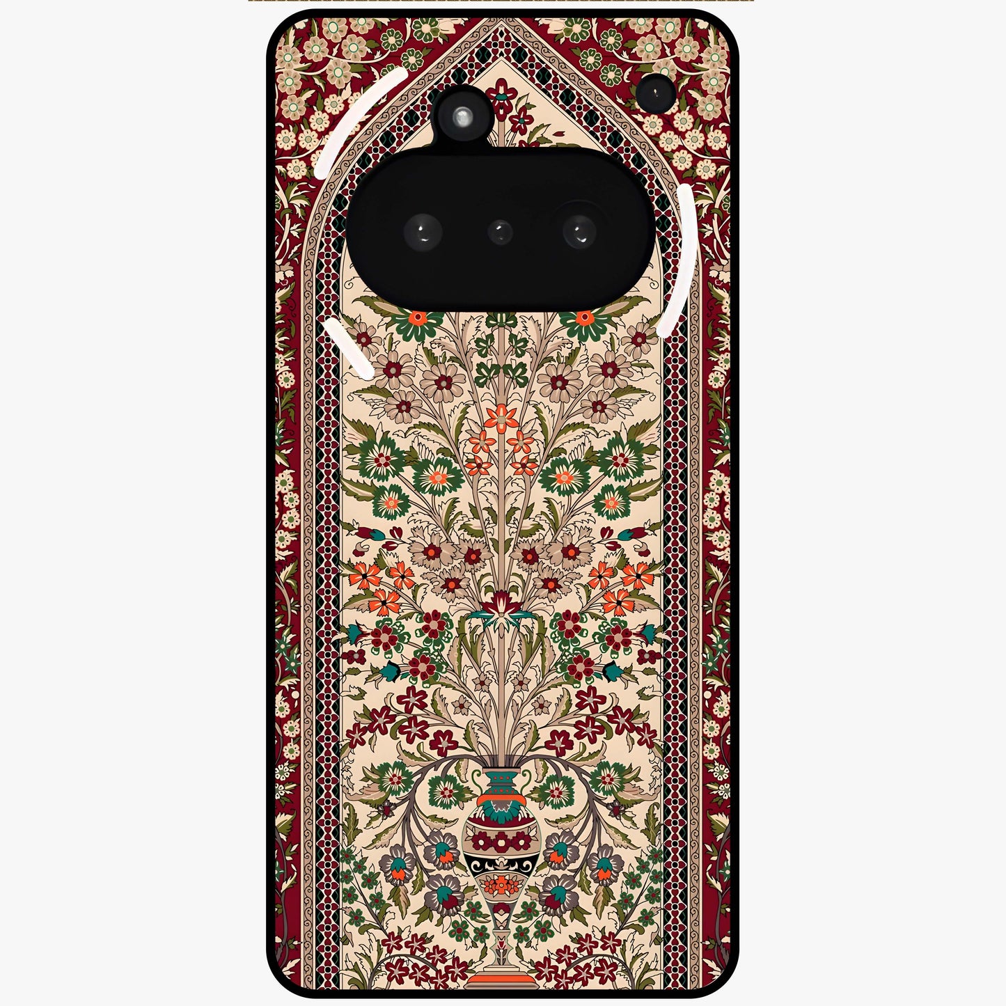 Persian Inspired Glass Case showing flat back view with ornate Persian style pattern artwork and glossy glass finish.