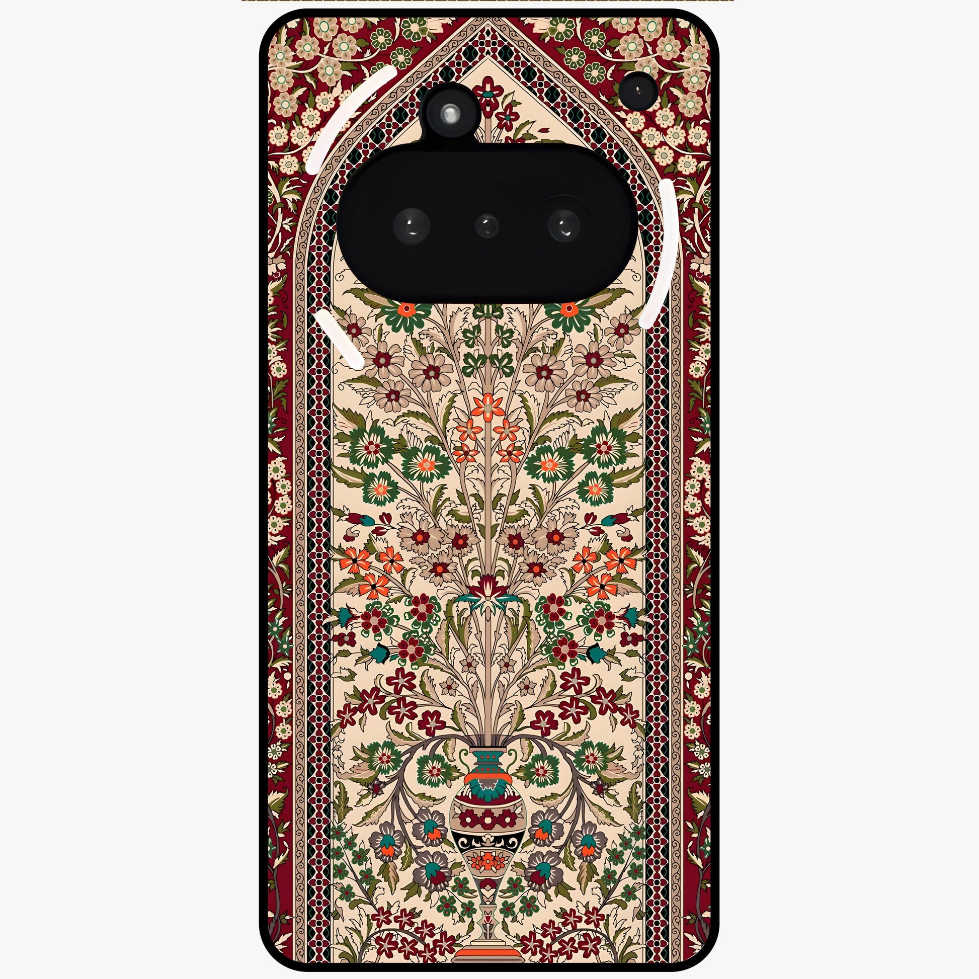 Persian Inspired Glass Case showing flat back view with ornate Persian style pattern artwork and glossy glass finish.