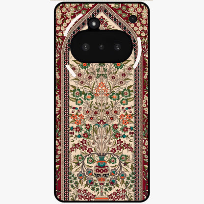 Persian Inspired Glass Case showing flat back view with ornate Persian style pattern artwork and glossy glass finish.