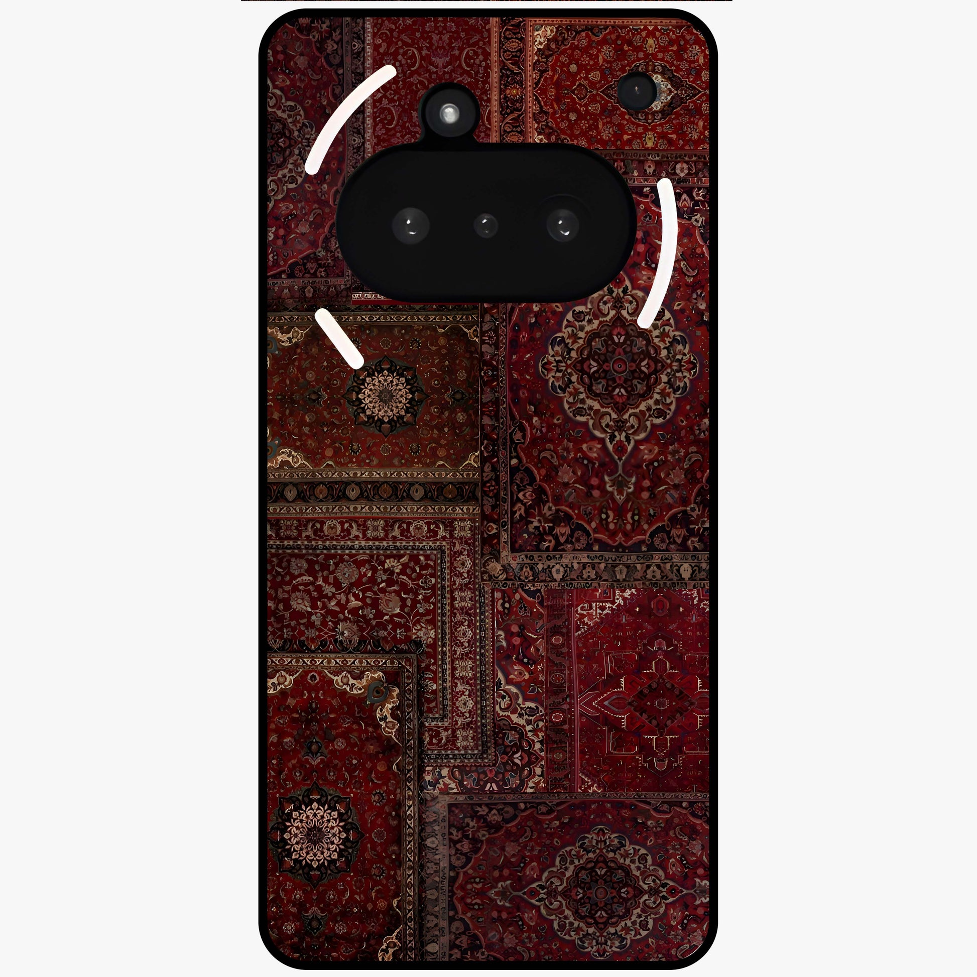 Persian Velvet Tale Glass Case showing flat back view with luxurious Persian velvet pattern artwork and glossy glass finish.