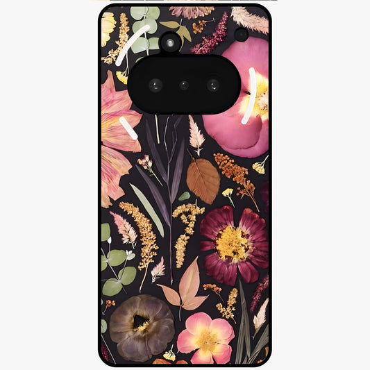 Petal Dream Tapestry Glass Case showing flat back view with intricate floral tapestry artwork and glossy glass finish.