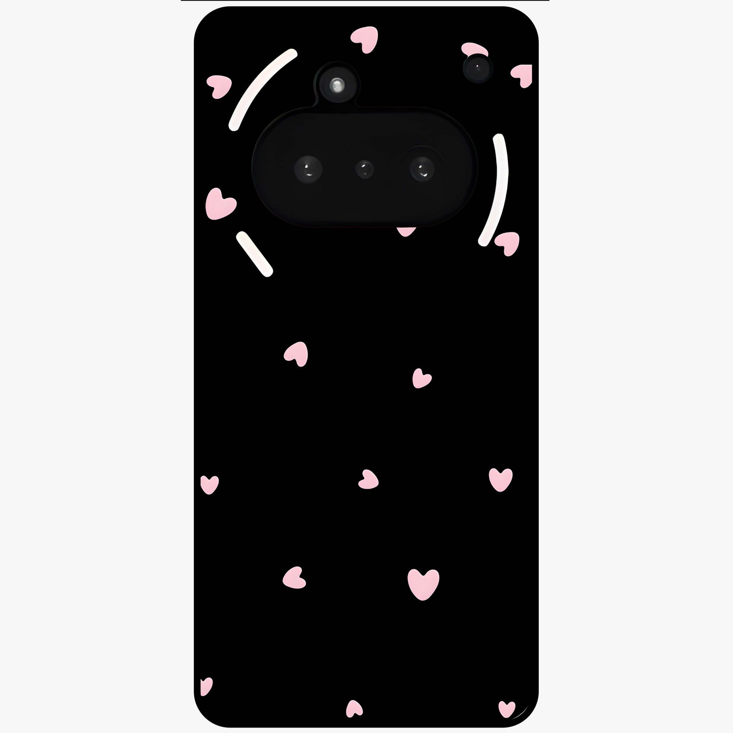 Pink Love Drops Glass Case showing flat back view with playful pink heart drops artwork and glossy glass finish.