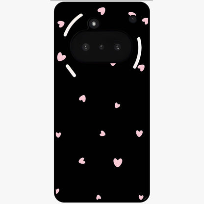 Pink Love Drops Glass Case showing flat back view with playful pink heart drops artwork and glossy glass finish.