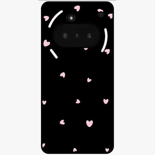 Pink Love Drops Glass Case showing flat back view with playful pink heart drops artwork and glossy glass finish.