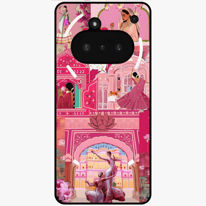 Pink Palace Muse Glass Case showing flat back view with elegant palace inspired artwork and glossy glass finish.