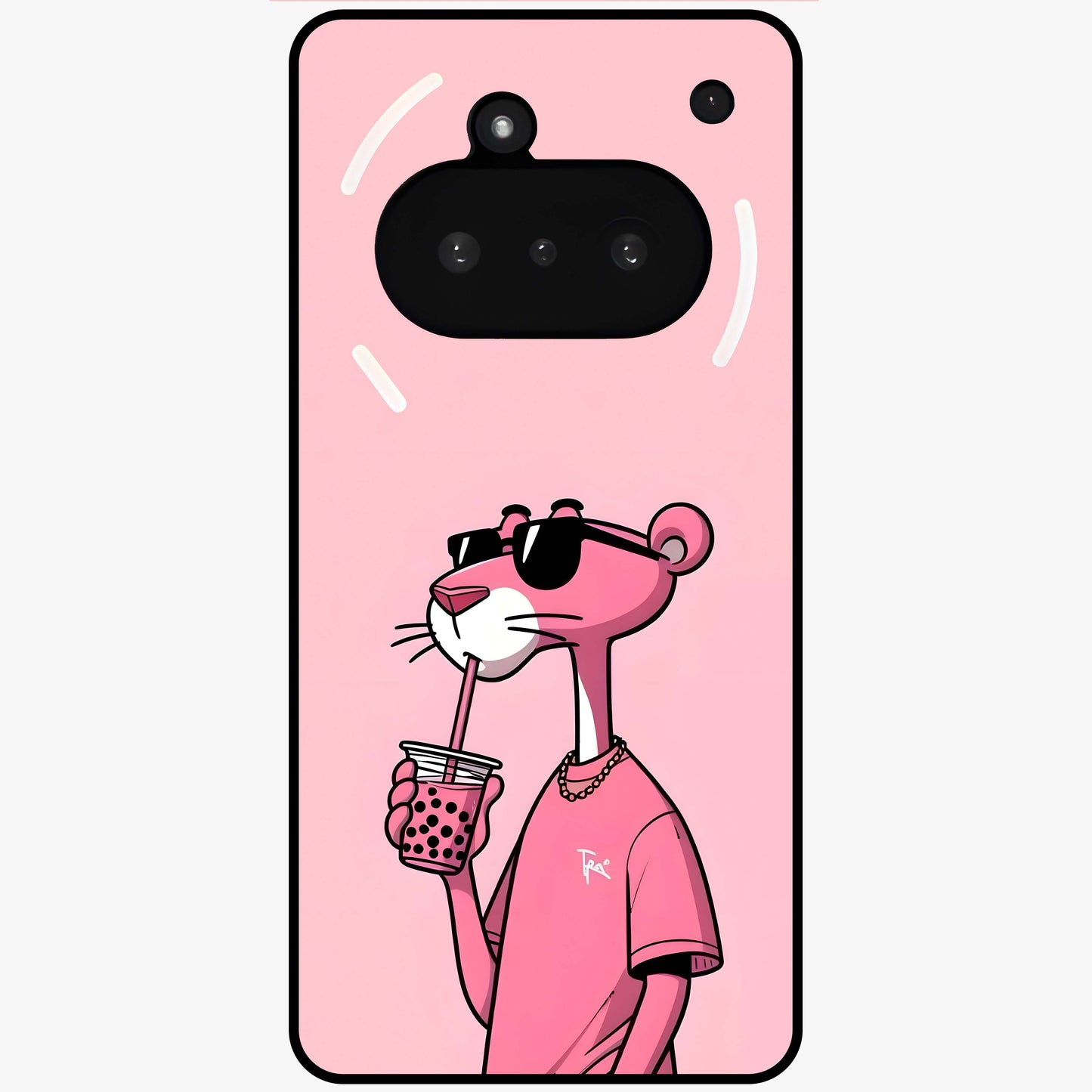 Pink Panther Glass Case showing flat back view with iconic pink panther artwork and glossy glass finish.