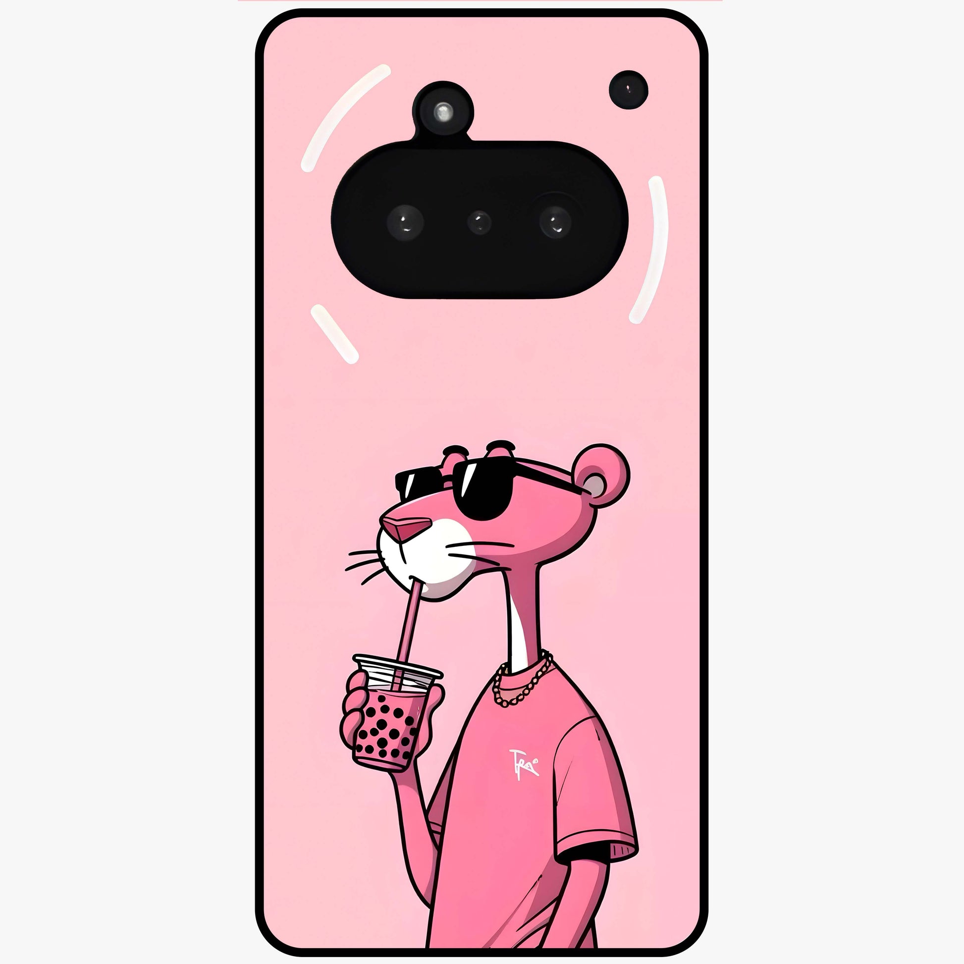 Pink Panther Glass Case showing flat back view with iconic pink panther artwork and glossy glass finish.