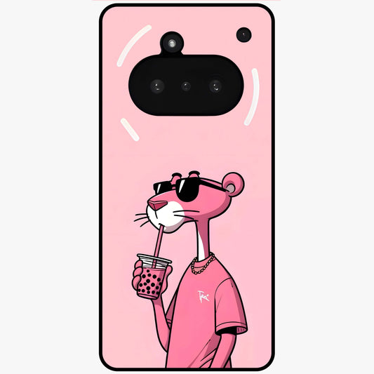 Pink Panther Glass Case showing flat back view with iconic pink panther artwork and glossy glass finish.