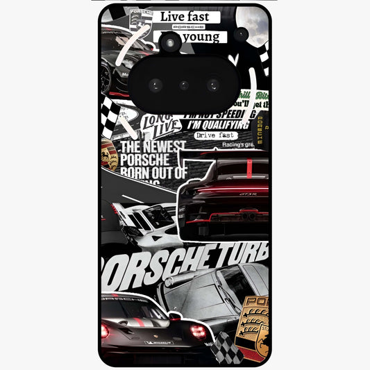 Porsche Racing Collage Glass Case showing flat back view with sports car racing collage artwork and glossy glass finish.