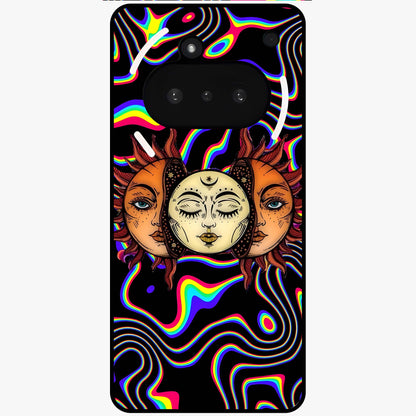 Psychedelic Sun Glass Case showing flat back view with colorful psychedelic sun artwork and glossy glass finish.