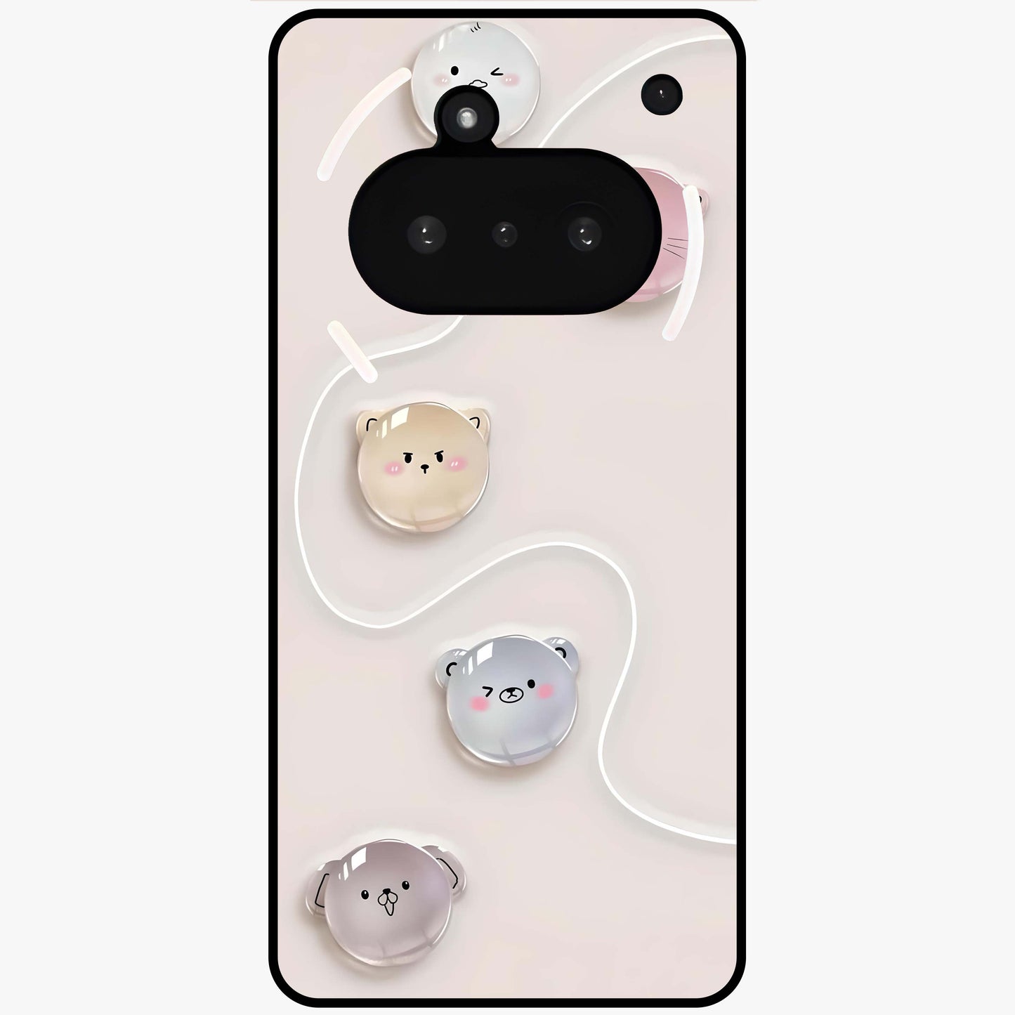 Puffy Face Parade Glass Case showing flat back view with cute puffy character faces artwork and glossy glass finish.