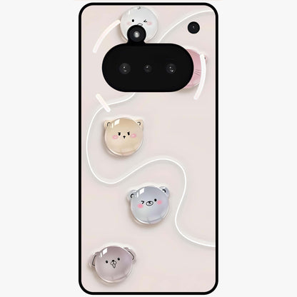 Puffy Face Parade Glass Case showing flat back view with cute puffy character faces artwork and glossy glass finish.