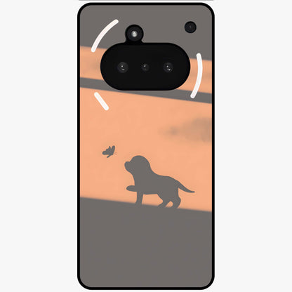 Puppy Shadow Art Glass Case showing flat back view with cute puppy shadow style artwork and glossy glass finish.