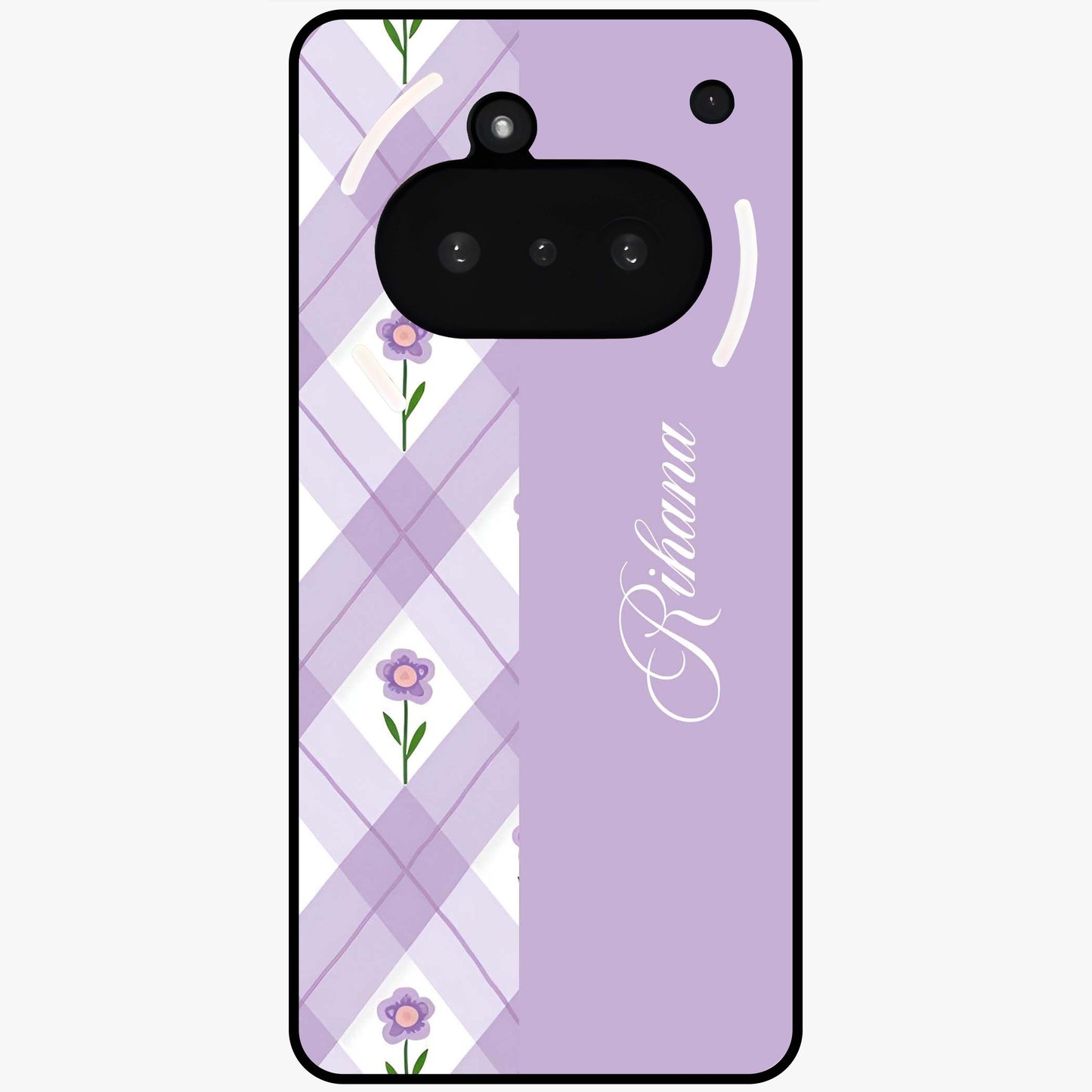 Purple Diamond Floral Glass Case showing flat back view with diamond shaped floral artwork and glossy glass finish.
