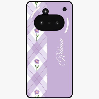 Purple Diamond Floral Glass Case showing flat back view with diamond shaped floral artwork and glossy glass finish.