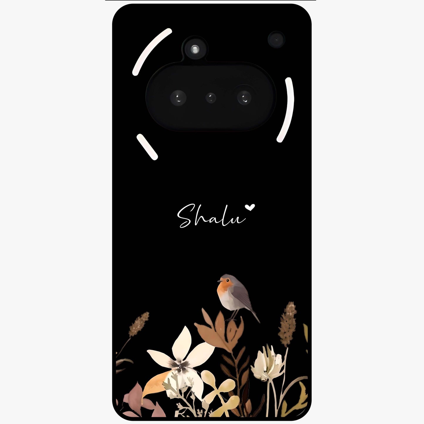 Quiet Garden Tune Custom Name Glass Case showing flat back view with peaceful garden artwork and personalized name design.