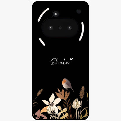 Quiet Garden Tune Custom Name Glass Case showing flat back view with peaceful garden artwork and personalized name design.