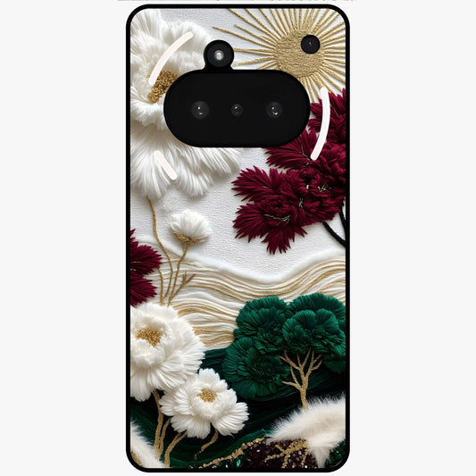 Radiant Bloom Elegance Glass Case showing flat back view with elegant blooming flower artwork and glossy glass finish.