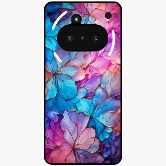 Radiant Floral Whirl Glass Case showing flat back view with swirling floral artwork and glossy glass finish.