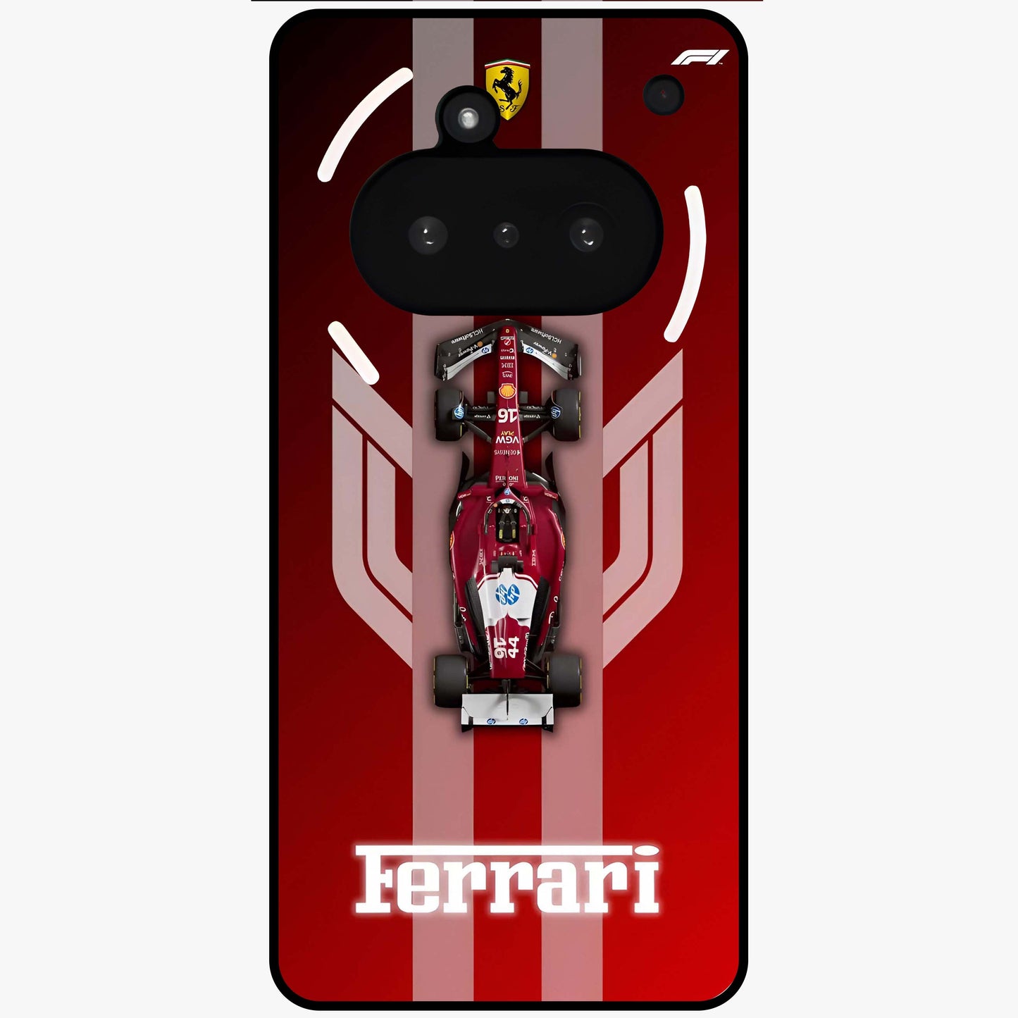 Red Ferrari F1 Vertical Glass Case showing flat back view with sleek Formula racing car artwork and glossy glass finish.