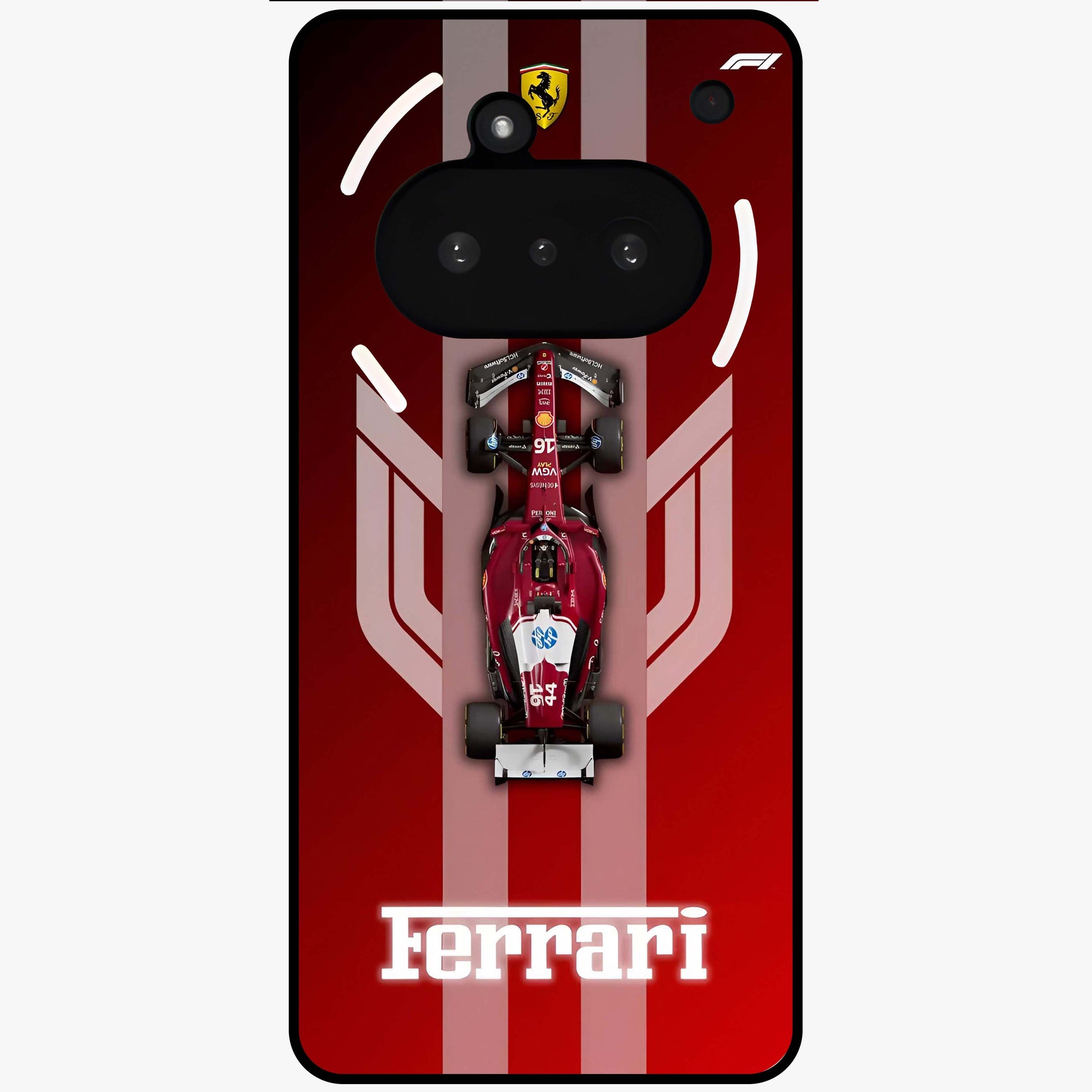 Red Ferrari F1 Vertical Glass Case showing flat back view with sleek Formula racing car artwork and glossy glass finish.