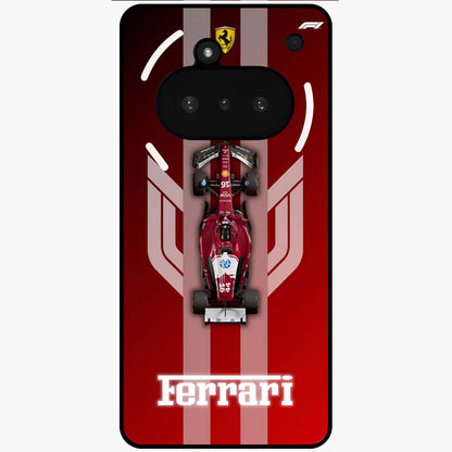 Red Ferrari F1 Vertical Glass Case showing flat back view with sleek Formula racing car artwork and glossy glass finish.