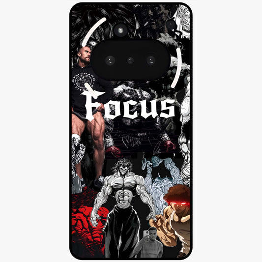Relentless Power Focus Glass Case showing flat back view with motivational typography artwork and glossy glass finish.