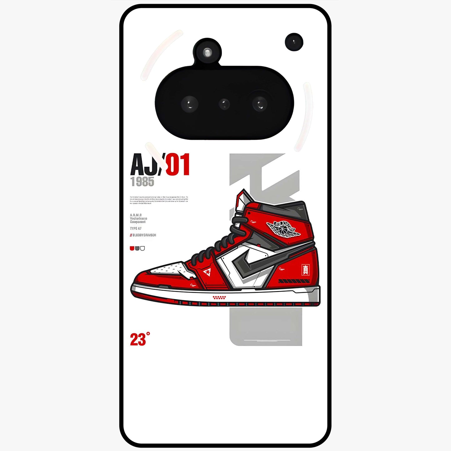 Retro Sneaker Blueprint Glass Case showing flat back view with sneaker blueprint style artwork and glossy glass finish.