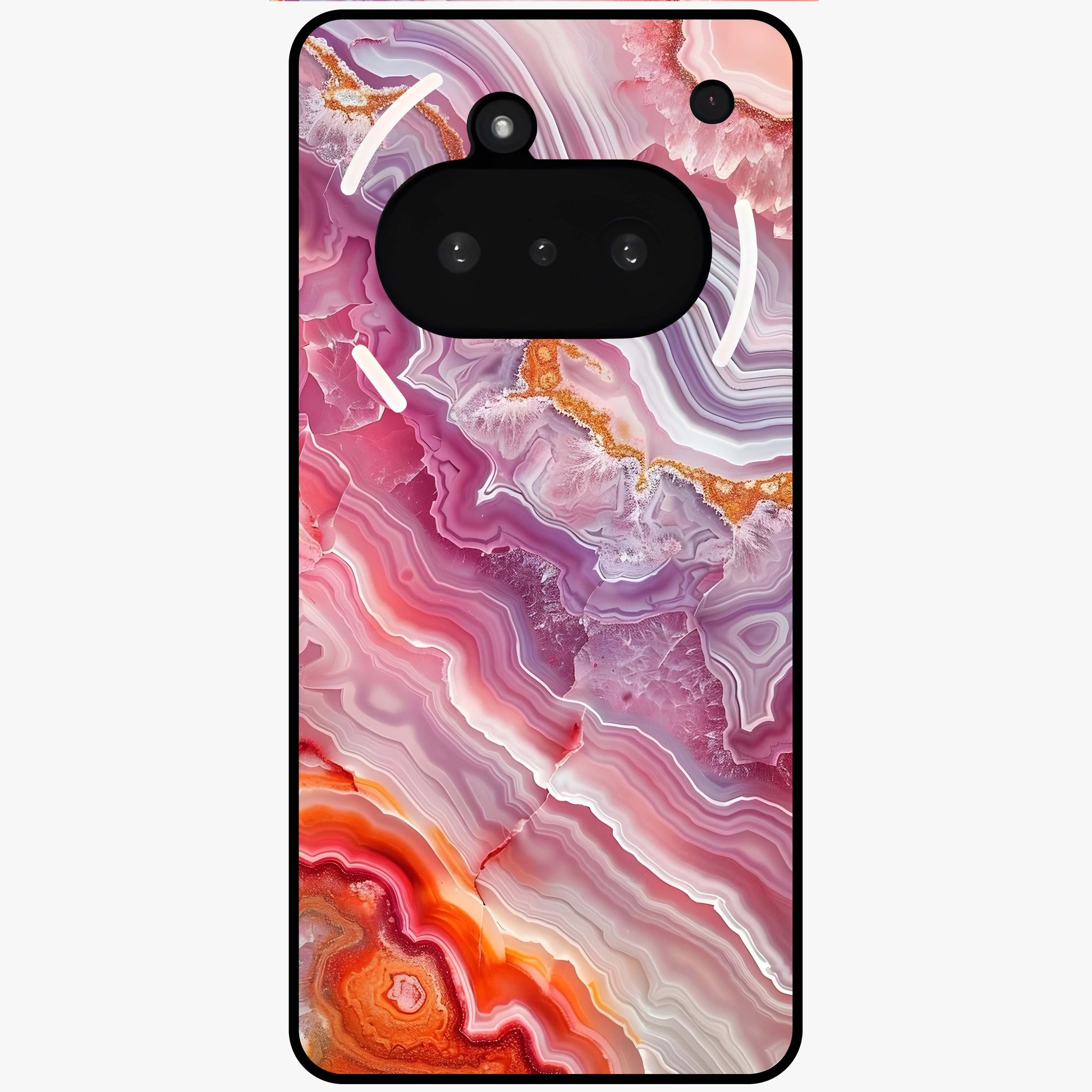 Rose Quartz Marble Glass Case showing flat back view with pink marble quartz texture artwork and glossy glass finish.