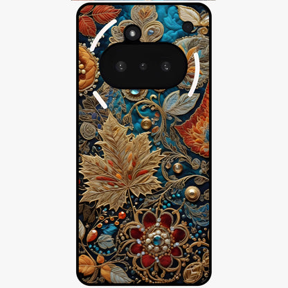 Royal Jewel Garden Glass Case showing flat back view with decorative floral garden artwork and glossy glass finish.