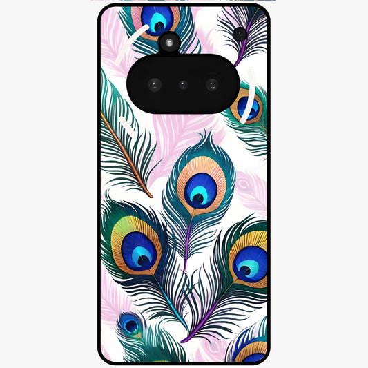 Royal Peacock Feathers Glass Case showing flat back view with colorful peacock feather artwork and glossy glass finish.