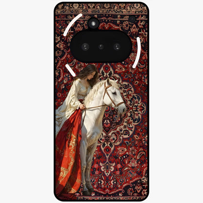 Royal Rider Tapestry Glass Case showing flat back view with majestic horse rider tapestry artwork and glossy glass finish.