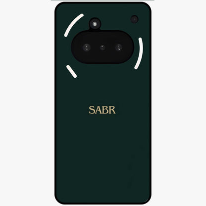 Sabr Minimal Patience Glass Case showing flat back view with minimalist typography artwork and glossy glass finish.