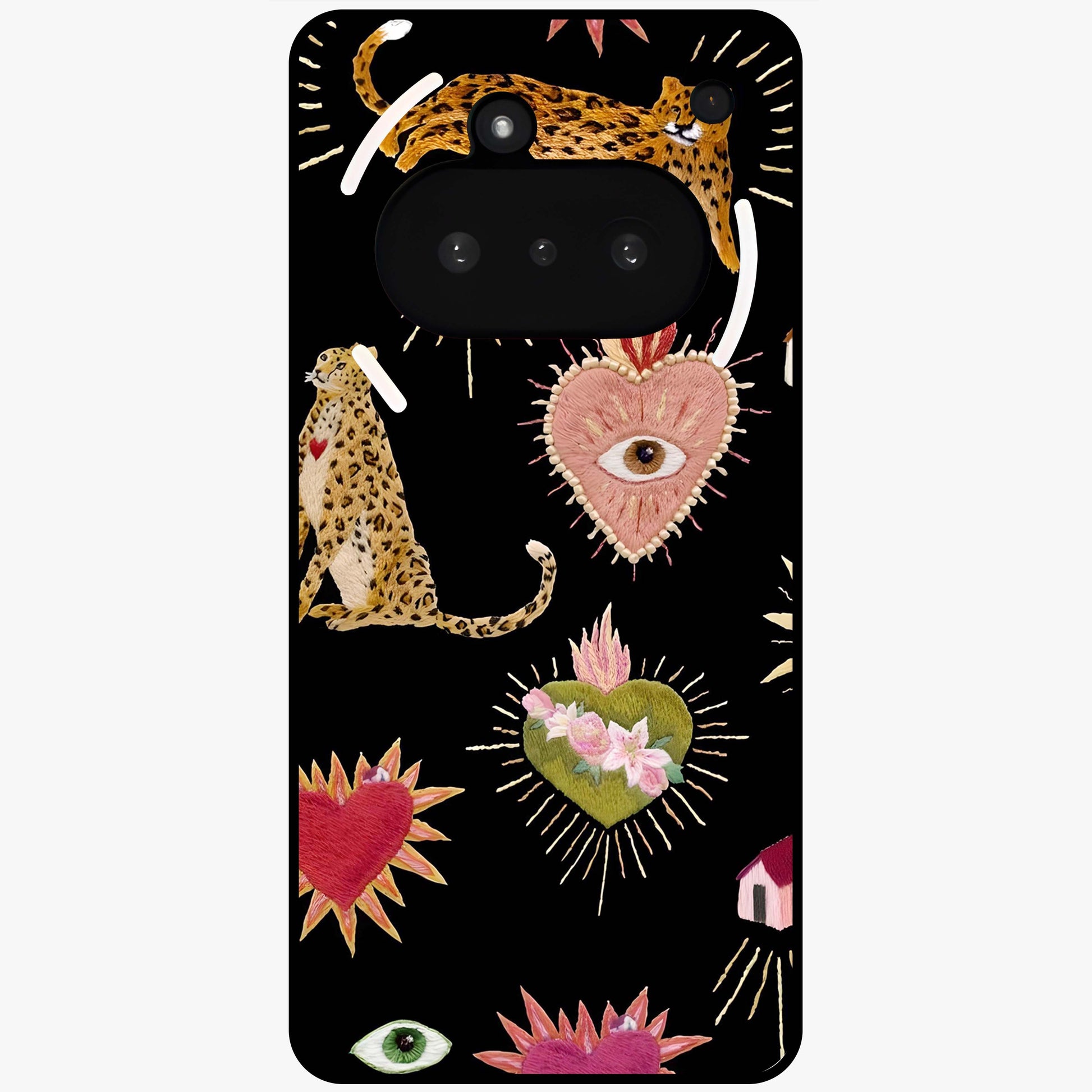 Sacred Jungle Heart Glass Case showing flat back view with jungle inspired heart artwork and glossy glass finish.