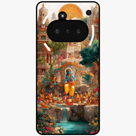 Sacred Sunlight Gods Glass Case showing flat back view with divine sunlight themed artwork and glossy glass finish.