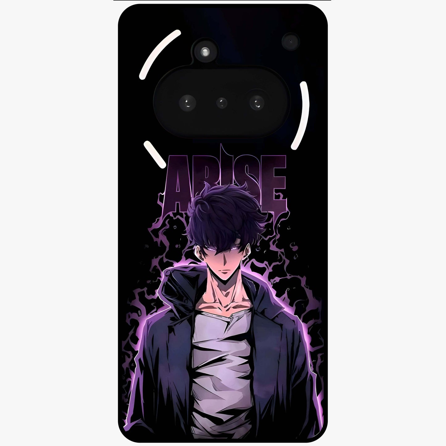 Shadow Monarch Awakening Glass Case showing flat back view with powerful dark monarch themed artwork and glossy glass finish.