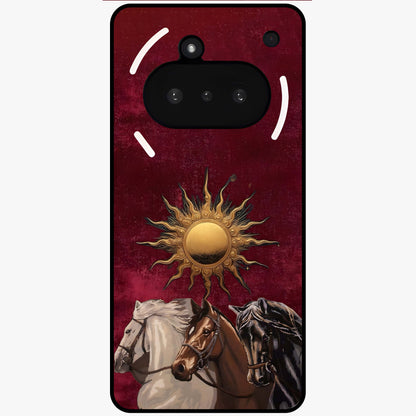 Solar Riders Glass Case showing flat back view with dynamic rider themed artwork and glossy glass finish.