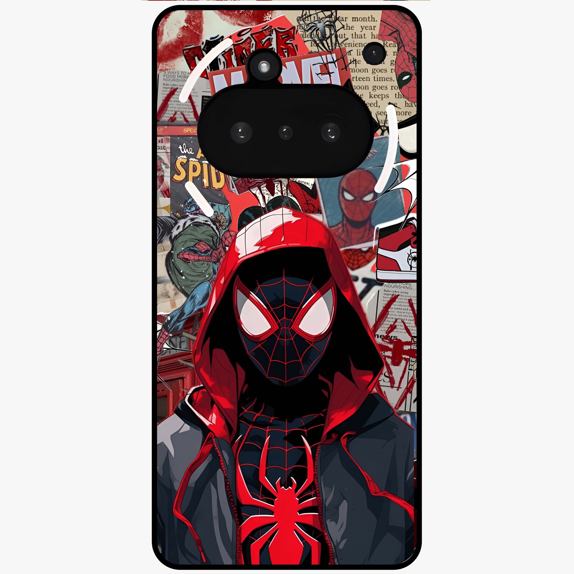 Spider Collage Street Glass Case showing flat back view with vibrant superhero collage artwork and glossy glass finish.