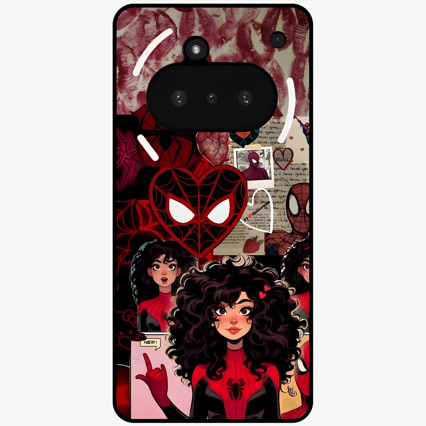 Spider Love Story Glass Case showing flat back view with romantic superhero themed artwork and glossy glass finish.