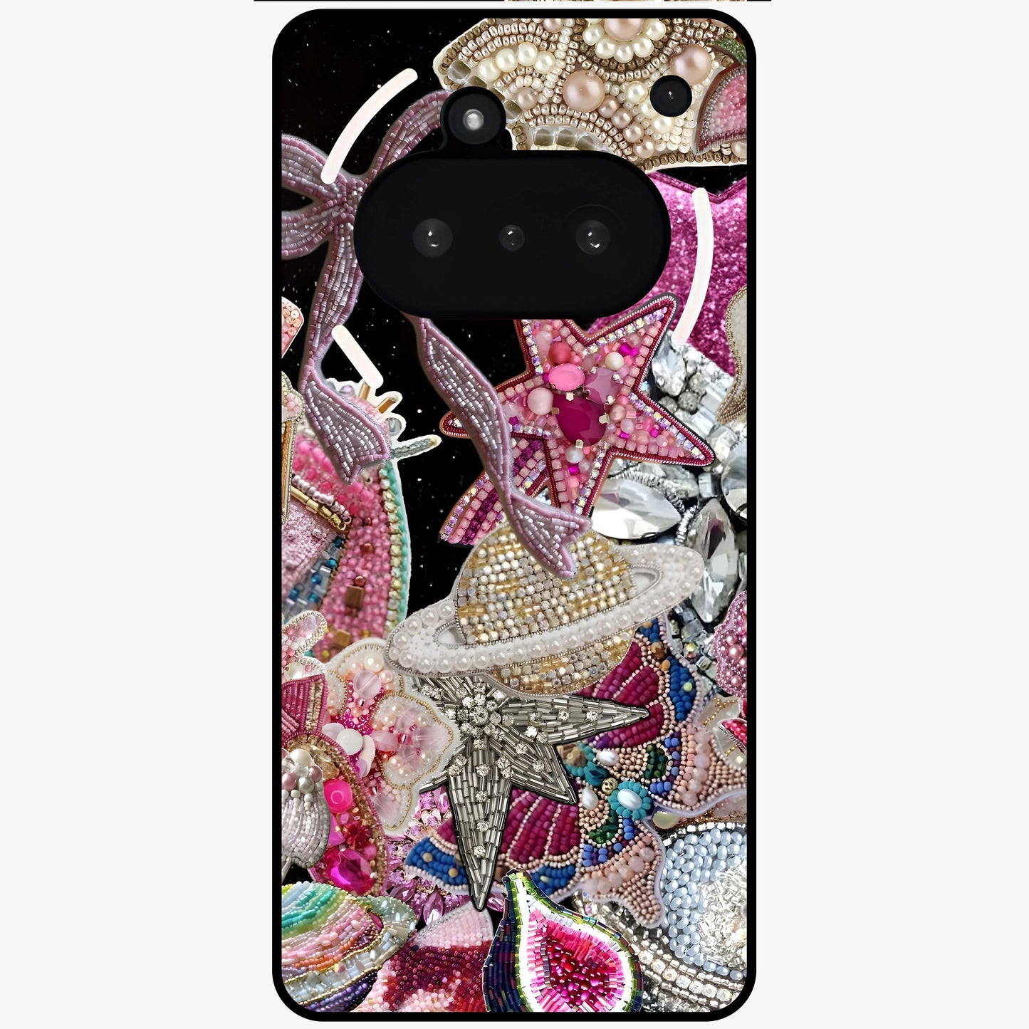 Starlit Jewel Dream Glass Case showing flat back view with sparkling jewel and star themed artwork and glossy glass finish.