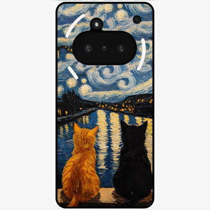 Starry River Cats Glass Case showing flat back view with cats by a starry river artwork and glossy glass finish.