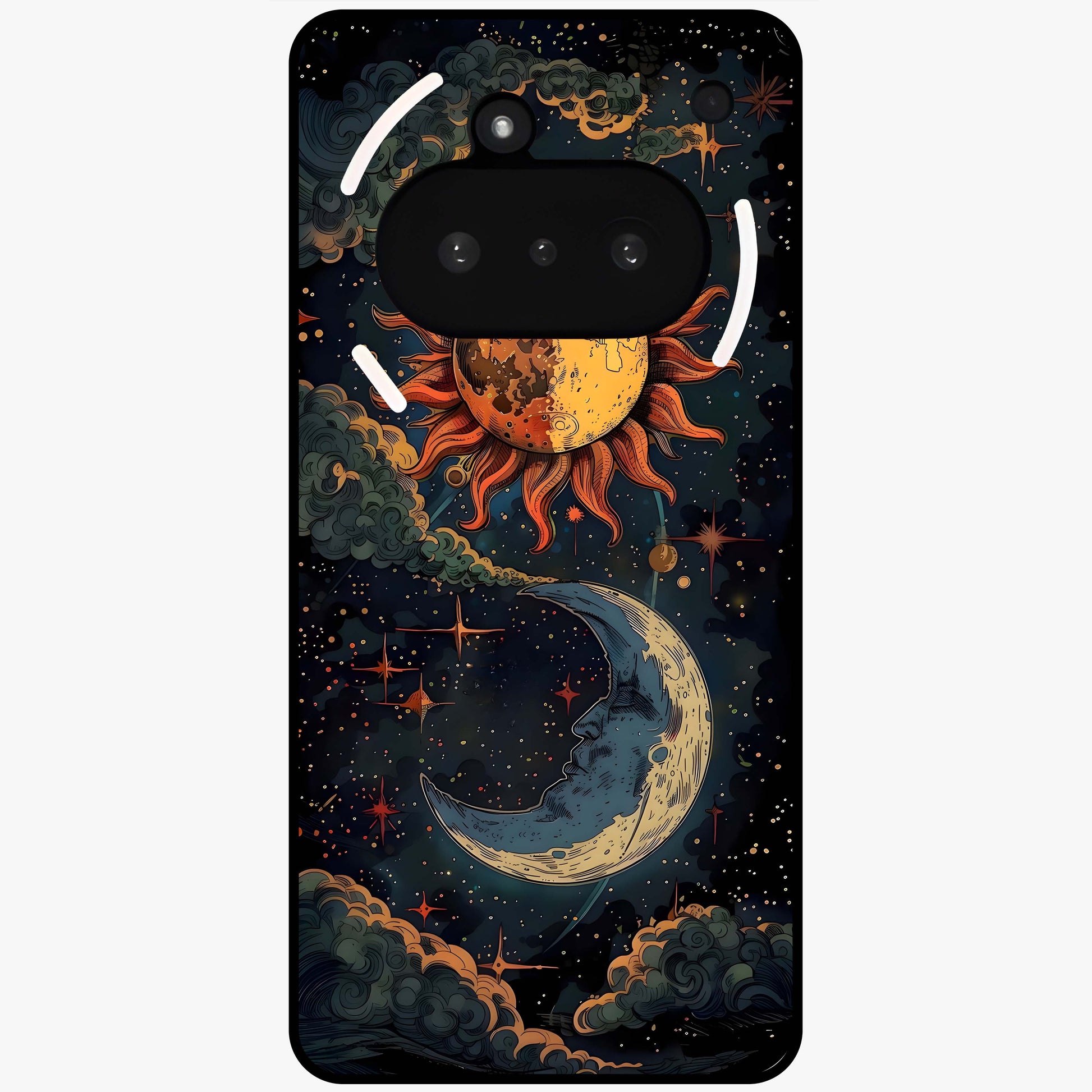 Sun And Moon Magic Design Glass Case showing flat back view with mystical sun and moon artwork and glossy glass finish.
