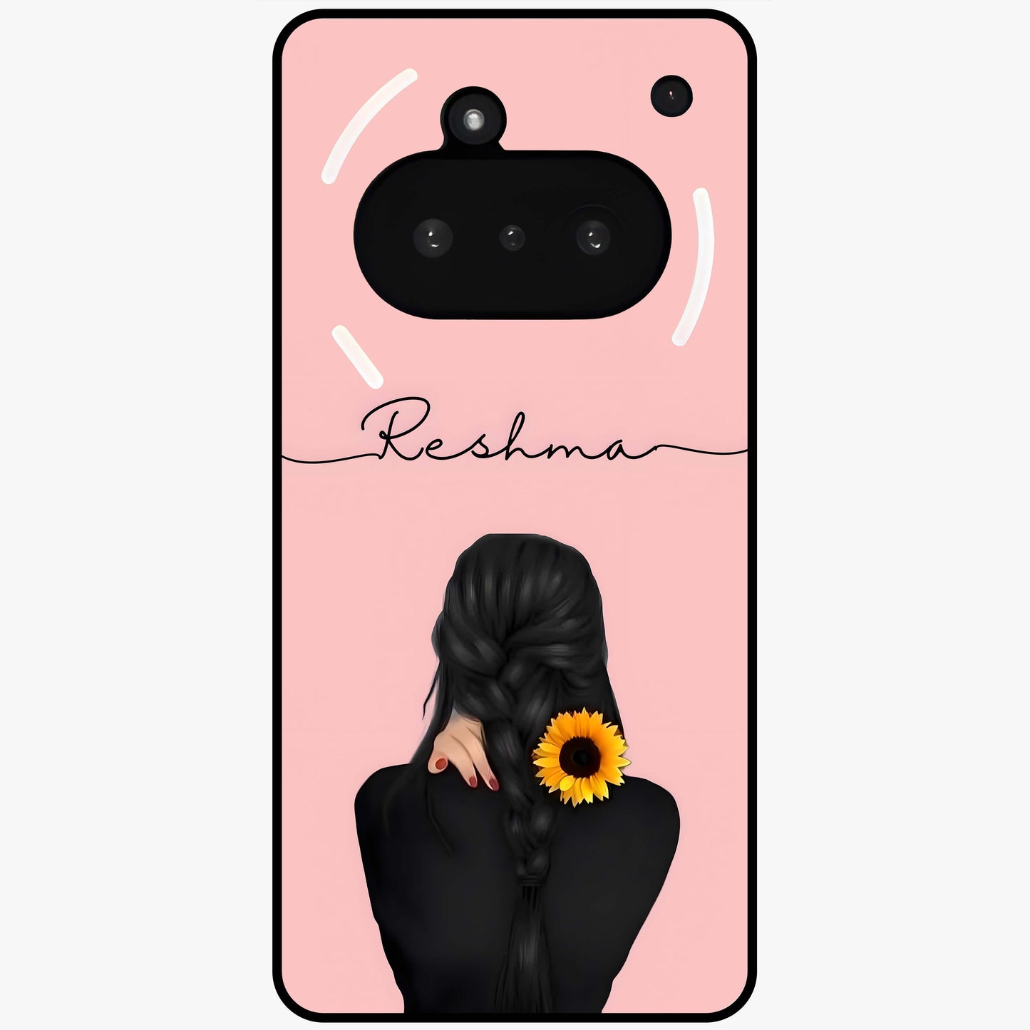 Sunflower Braid Beauty With Custom Name Glass Case showing flat back view with sunflower braid artwork and personalized name design.