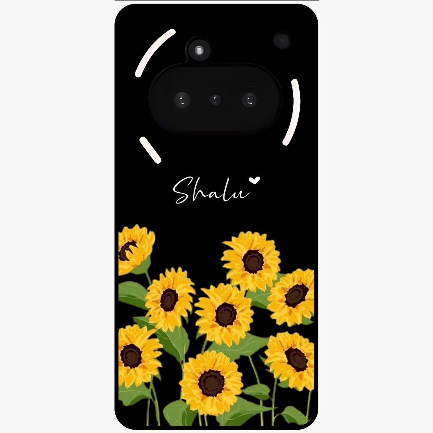 Sunflower Chic Mood Custom Name Glass Case showing flat back view with stylish sunflower artwork and personalized name design.