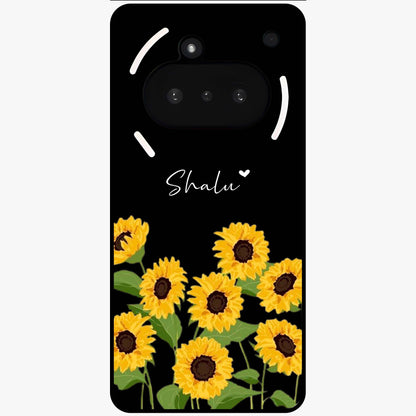 Sunflower Chic Mood Custom Name Glass Case showing flat back view with stylish sunflower artwork and personalized name design.