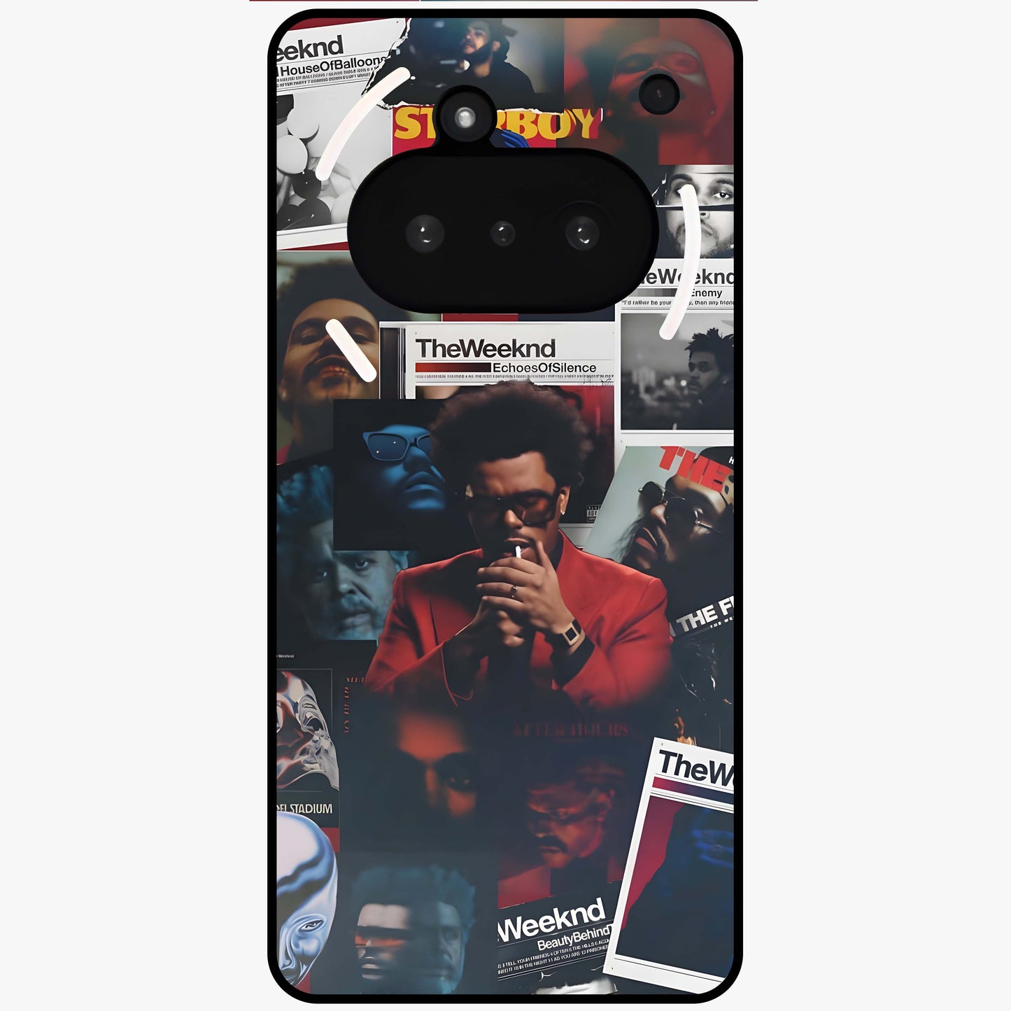 The Weeknd Glass Case showing flat back view with music inspired artistic portrait artwork and glossy glass finish.
