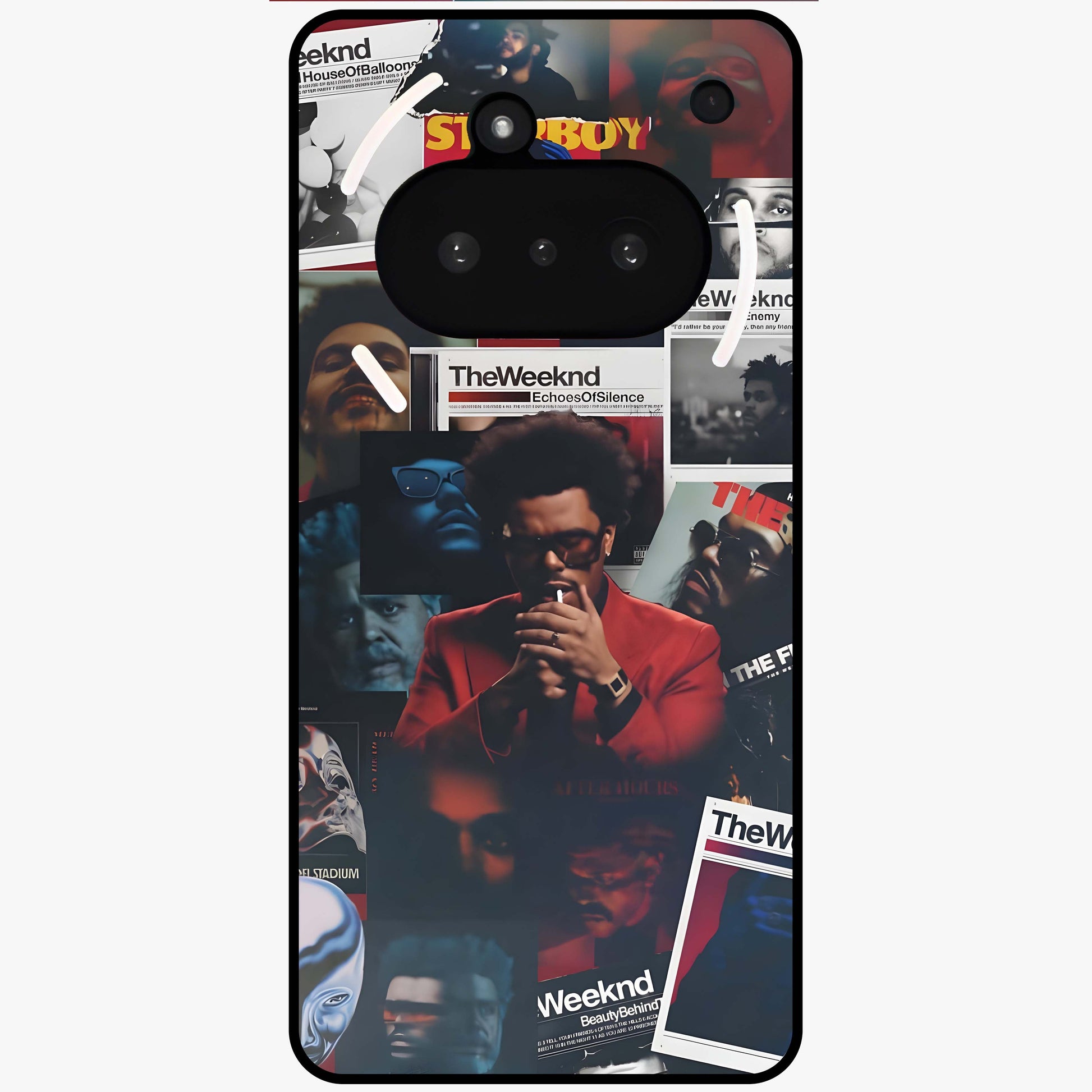 The Weeknd Glass Case showing flat back view with music inspired artistic portrait artwork and glossy glass finish.